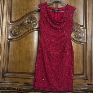 Ralph Lauren Red Lace Sequin Cowl Neck Slimming Runched Side Midi Dress
